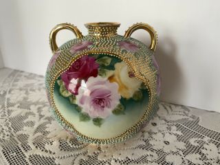 Antique Porcelain Two Handled Royal Kinran Nippon Vase Hand Painted Roses &dots