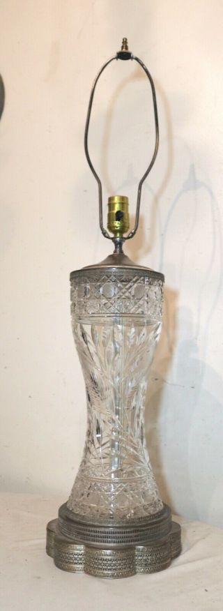 Huge Vintage Cut Clear Crystal Glass Silver Plate Electric Table Lamp Brilliant