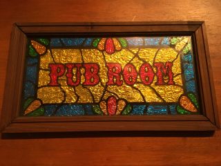 Vintage Foil Stained Glass Pub Room Sign 13.  5” X 7.  5” Wood Frame