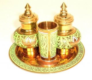 Vtg Green Cloisonne Brass Salt Pepper Shakers Toothpick Holder Tray Asian Buddha