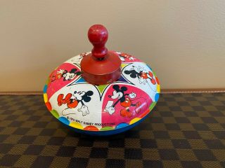 Vintage Chein Mickey Mouse Tin Litho Top Walt Disney - Wood Handle