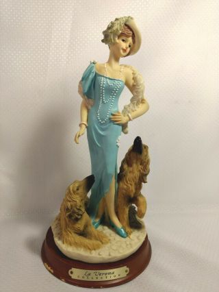 Vintage La Verona Figurine Lady In A Blue Dress With Two Dogs Afgan Hounds