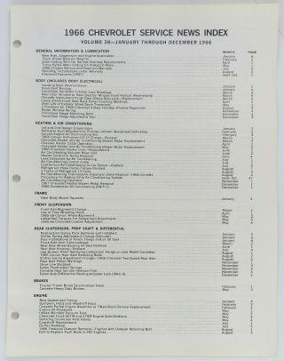 1966 Chevrolet Service News Index - Volume 38 January Through December 1966