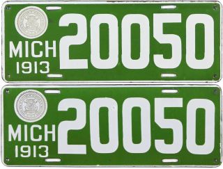 1913 Michigan Porcelain License Plate Pair (gibby Choice)
