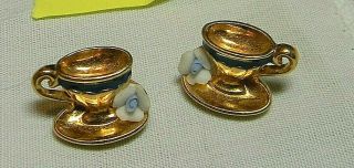 Vintage Avon Tea Cup Earrings S Blue Enamel Porcelain Flower Goldplate Pierced