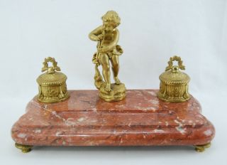 Antique French Ormolu Gilt Bronze & Red Marble Inkwell 1800s - Signed