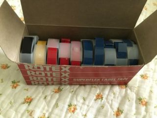 Vtg Rotex Superflex Label Tape 10 Rolls 3/8 " 144” Mostly Red,  Blue