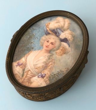 Antique French Gilt Bronze Trinket Box W/miniature Portrait Signed Mercier 1792