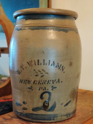 Large Antique 2 Gallon “New Geneva” Stoneware Crock Jar Cobalt Blue Decoration 2