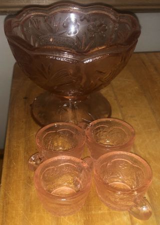 Vintage Pink Miniature Punch Bowl Set With 4 Cups - Fish & Flowers Pattern