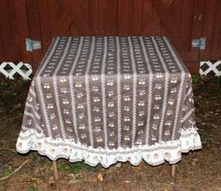 Vintage Round Tablecloth Brown Ruffle Small Flowers Stripes 73” Diameter
