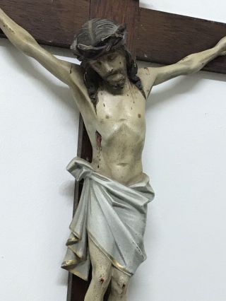 Antique Wooden Crucifix - Hand - Carved Figure Of Jesus - Polychromed