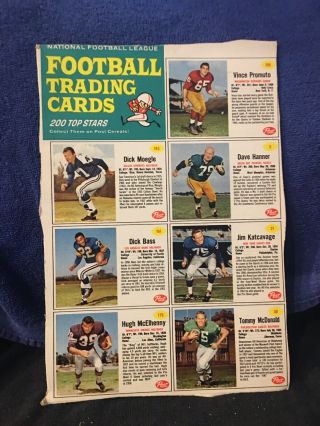 1962 Post Cereal Football Cards Full Sheet Mcdonald,  Bass,  Katcavage,  Mcelhenny Etc