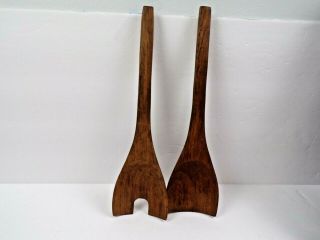 Vintage Mid Century Wooden Salad Spoon/fork Set Wood Carved