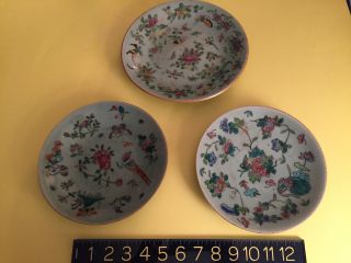 Three Antique Qing Dynasty Chinese Canton Famille Rose Enameled Celadon Plates