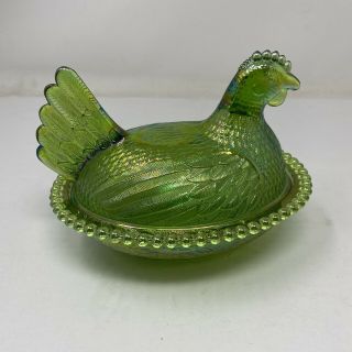 Vintage Indiana Glass Lime Green Carnival Iridescent Chicken Hen On Nest