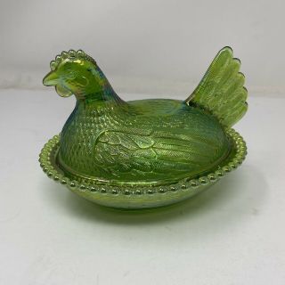 Vintage Indiana Glass Lime Green Carnival iridescent Chicken Hen on Nest 2
