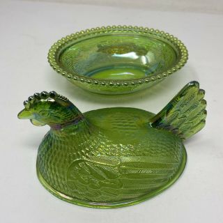 Vintage Indiana Glass Lime Green Carnival iridescent Chicken Hen on Nest 3