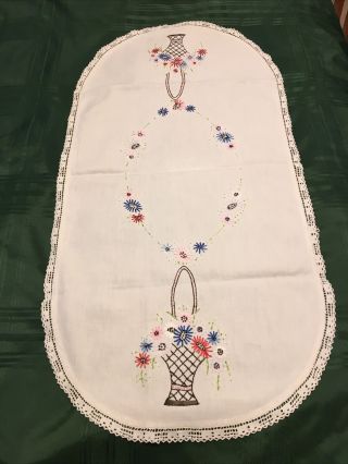 Vintage Hand - Embroidered Crocheted Table Runner Dresser Scarf 18 X 34 Flowers