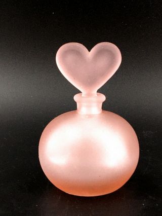 Vintage Pink Satin Frosted Glass Perfume Scent Bottle W/ Heart Stopper Deco