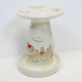 Vintage Japan Ceramic Toothbrush Holder,  Country Scene,  Red Barn,  Sheep,  Kawaii