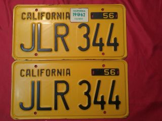1956 56 1962 62 Yellow Black California License Plate Tag Pair Set Jlr - 344
