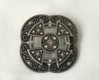 Large Antique Victorian Scottish Enamel Celtic Cross Silver Brooch Pin