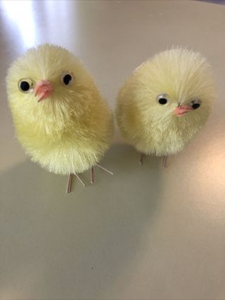 Two Vintage Chenille Chicks Yellow Easter Chickens Large 3 “