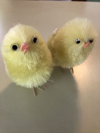 Two Vintage Chenille CHICKS Yellow Easter Chickens Large 3 “ 2