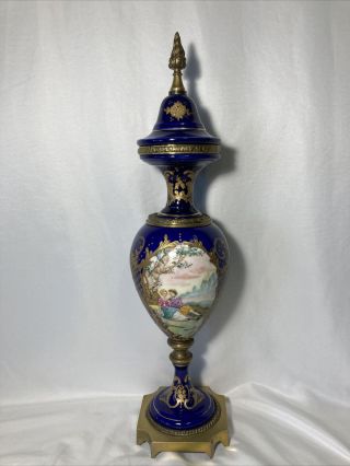 French Cobalt Blue Sevres Style Porcelain Urn,  Brass Fittings 20.  5”