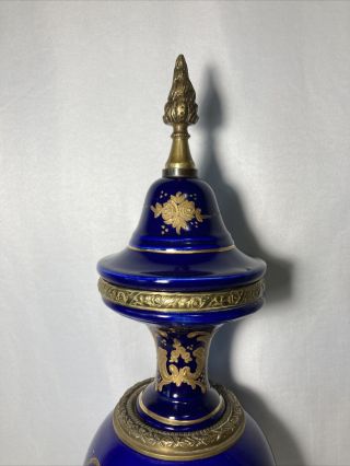 French Cobalt Blue Sevres Style Porcelain Urn,  Brass Fittings 20.  5” 3