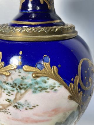 French Cobalt Blue Sevres Style Porcelain Urn,  Brass Fittings 20.  5” 6