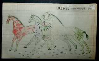 Indian School Ledger Drawing.  Sioux Pony Raid Early 1900s.