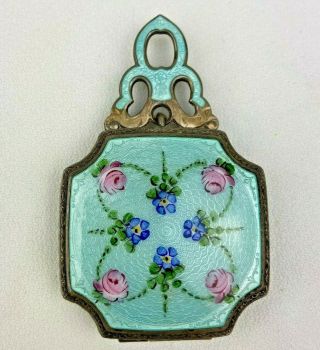 Antique La Mode Silver Guilloche Enamel Compact Blue Pendant Hand Painted Floral