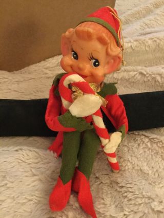 Vintage 60’s Pixie Elf With Candy Cane,  Bendable Legs And Body
