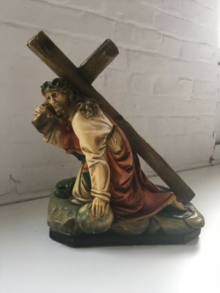 Antique Signed 19the Jesus Christ Statue Carrying Cross Crucifix Plaster 844