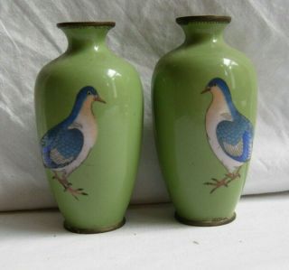 Pair Small Japanese Cloisonne Vases,  Doves,  Green Enamel
