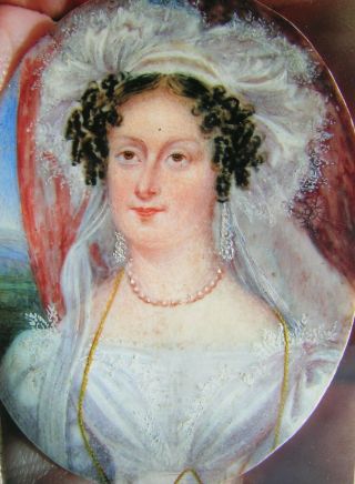 Fine Antique Portrait Miniature Lady 1830s Landscape Curtain Background Ringlets