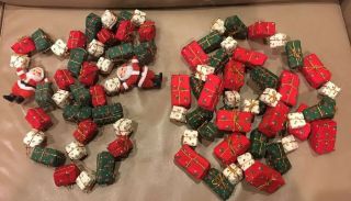 Vintage 13.  5 Ft Long Christmas Garland (2) Santa & Fabric Wrapped Presents