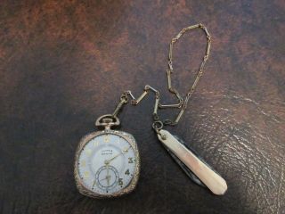 Antique Gold Filled Illinois Ben Milam Pocket Watch Runs & Chain Knive No Glass