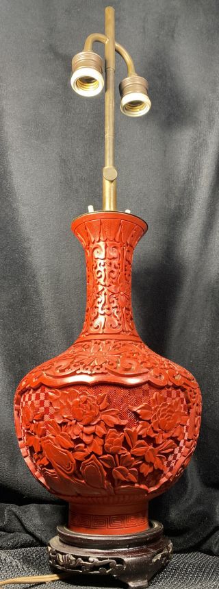 Large Antique Chinese Carved Red Cinnabar Table Lamp