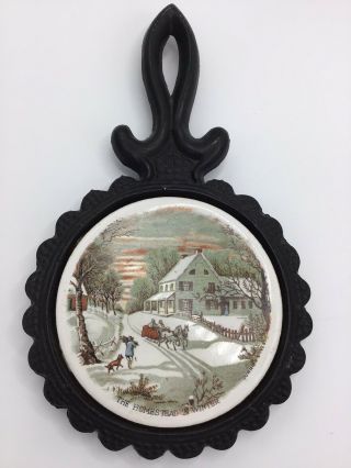 Vintage Trivet Cast Iron Currier And Ives Homestead In Winter Japan 7.  75”x 4.  50