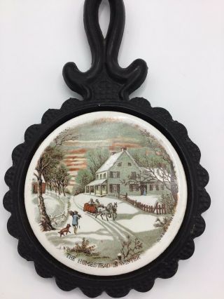 Vintage Trivet Cast Iron Currier And Ives Homestead In Winter Japan 7.  75”x 4.  50 2