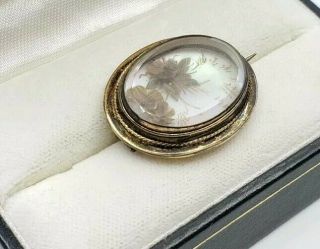 Fine Antique Victorian 10k Gold Mourning Hair Glass Brooch