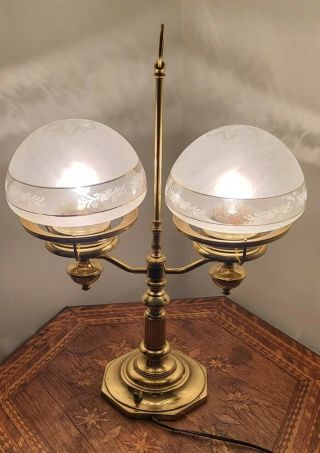 Vintage Brass Double Socket Table Lamp Etched Frosted Glass Shades
