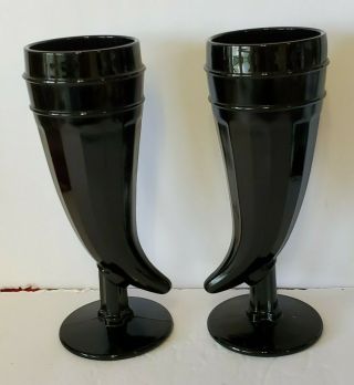 Set 4 Vintage Tiara Black Glass Horn 8 1/8 " Tall Footed Goblets Tumblers
