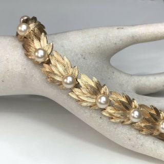 Vintage Signed Crown Trifari Brushed Gold Tone Leaf Flower & Faux Pearl Bracelet