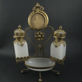 19c Antique French Gilt Bronze Dore & Milk Glass Vanity Perfume Dresser Set