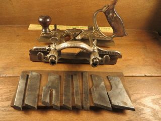 Antique Stanley 46 Skew Cutter Combo Plane W/ Traut`s Patent Stamp & 8 Cutters