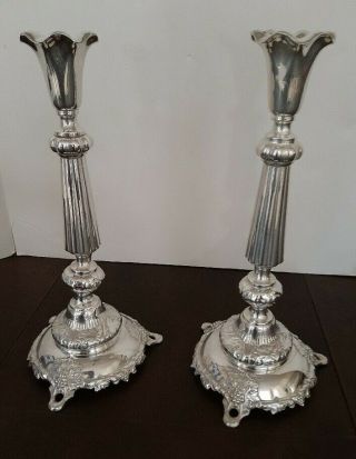 Antique Polish Russian Fraget N Plaque Pair Silver Plated Candle Stick Holders